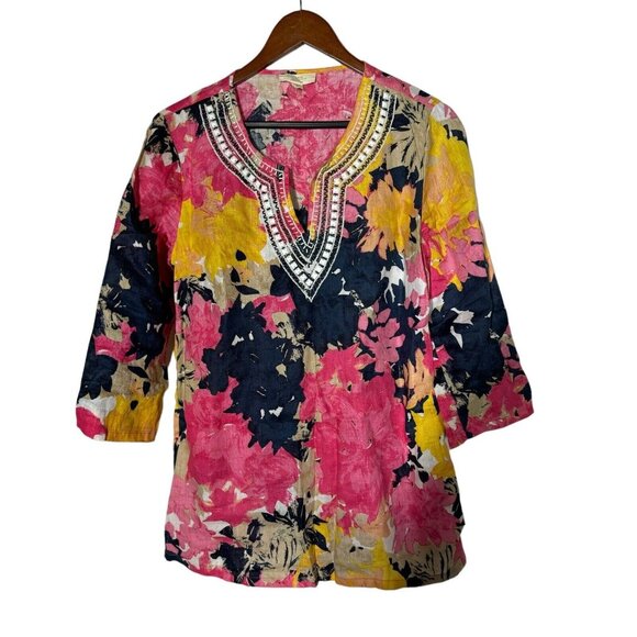 Charter Club Luxury top Women Medium 100% Linen Floral Beaded‎ V-Neck artisy - Picture 1 of 7